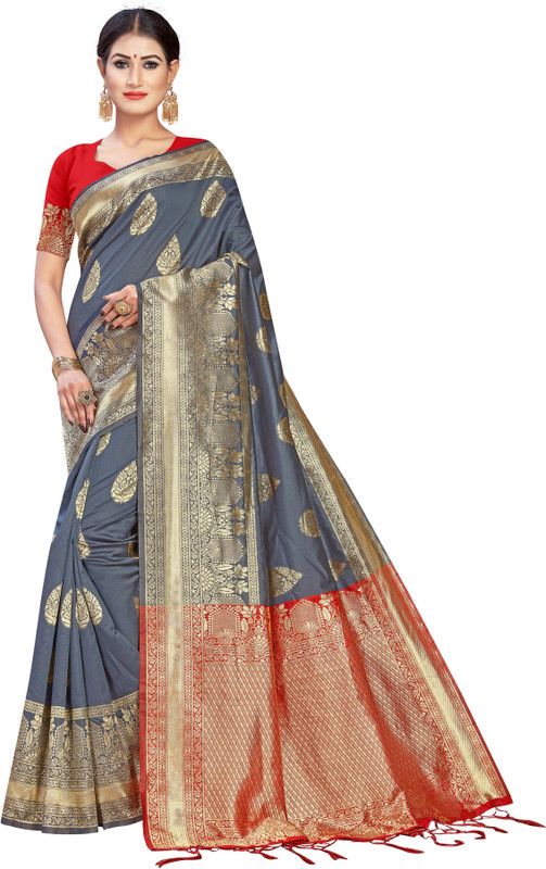 Woven, Solid Banarasi Silk Blend, Art Silk Saree  (Grey)