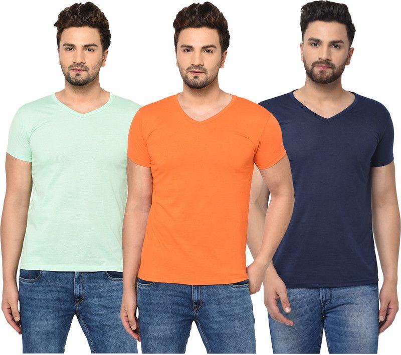 Pack of 3 Men Solid V Neck Cotton Blend Dark Blue, Orange, Light Green T-Shirt