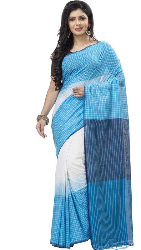 Woven Handloom Pure Cotton Saree  (Light Blue, White)