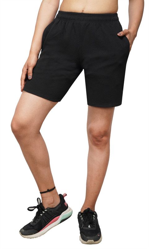 Self Design Women Black Regular Shorts