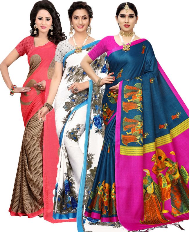 Printed Bollywood Georgette Saree  (Pack of 3, Red, Light Blue, Pink)