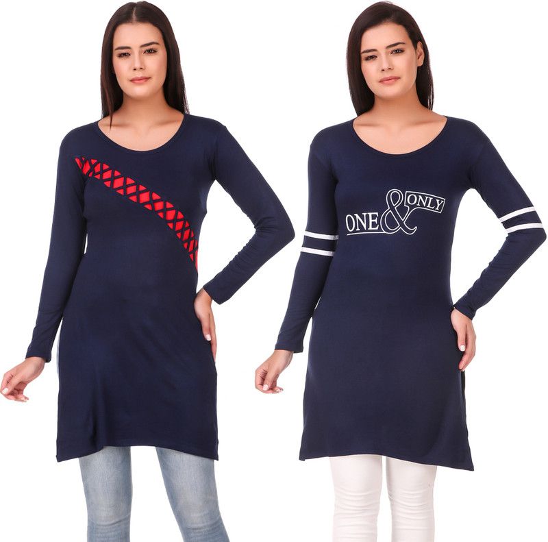 Pack of 2 Women Solid Cotton Blend A-line Kurta  (Dark Blue)
