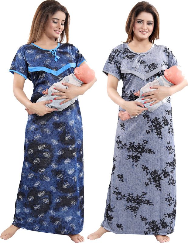 Pack of 2 Women Maternity/Nursing Nighty  (Blue, Black, Grey)