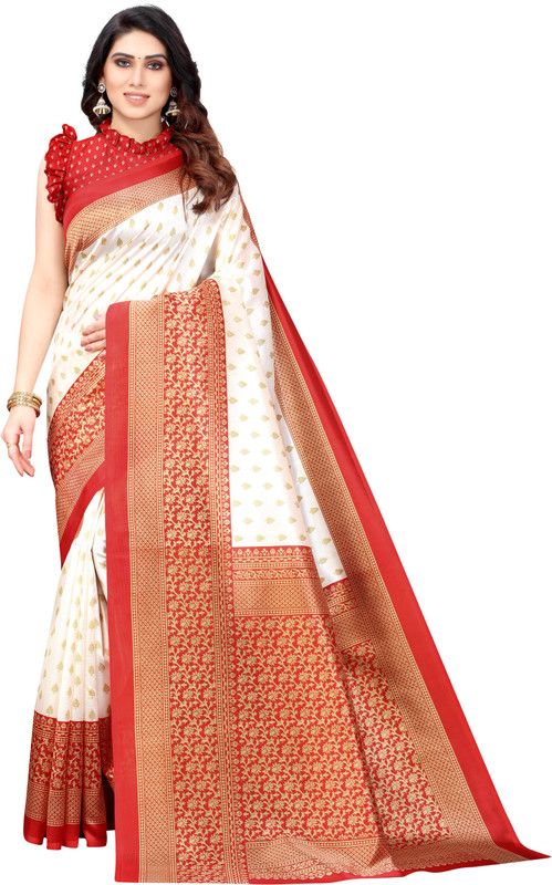 Printed Assam Silk Art Silk Saree  (White, Red)