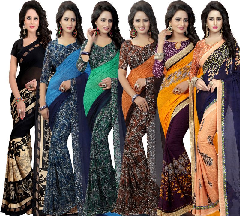 Printed Daily Wear Georgette Saree  (Pack of 6, Purple, Dark Blue, Green, Blue, Black, Orange)