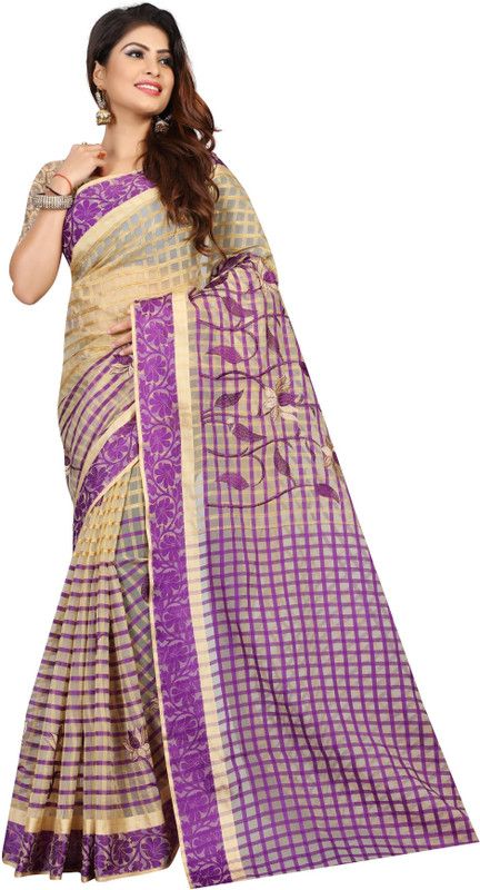 Embroidered, Checkered Bollywood Cotton Blend Saree  (Purple, Beige)