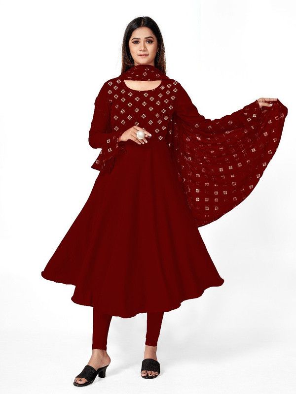 Women Printed Crepe Flared Kurta With Attached Dupatta  (Maroon)