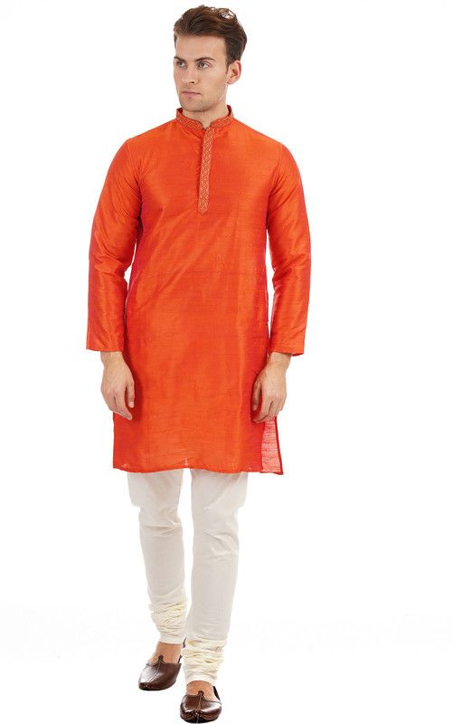 Men Solid Polyester Straight Kurta  (Orange)