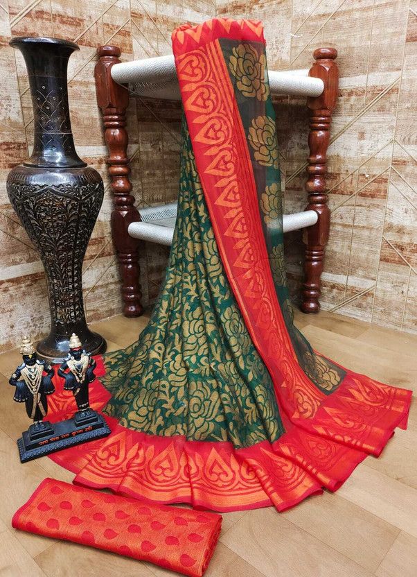 Printed Banarasi Brasso Saree  (Green)
