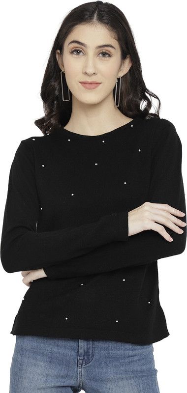 Women Embellished Round Neck Black Sweater