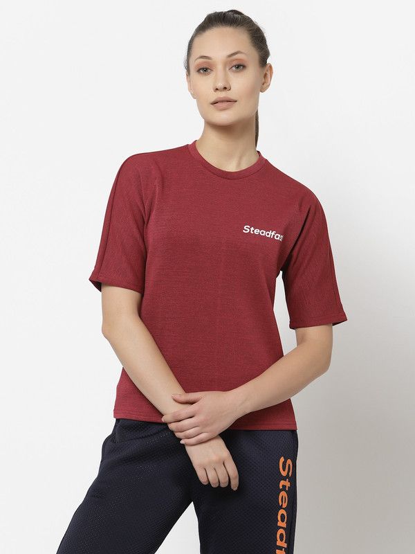 Women Sporty Round Neck Polyester Red T-Shirt