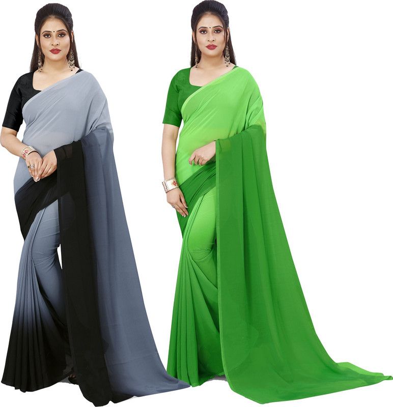 Solid/Plain Bollywood Georgette Saree  (Pack of 2, Green, Black)