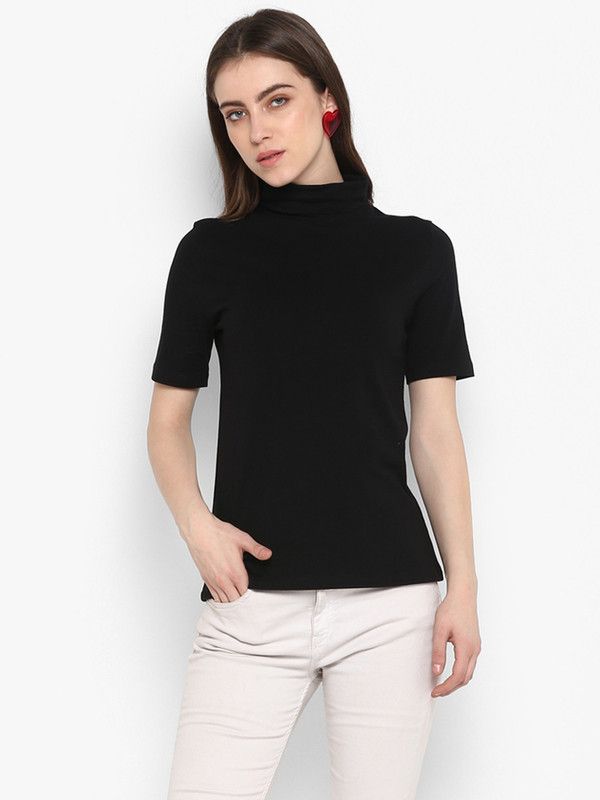 Women Solid Turtle Neck Cotton Blend Black T-Shirt