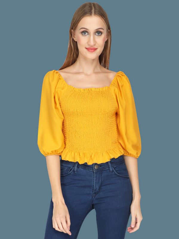 Party Balloon Sleeve Self Design Women Yellow Top