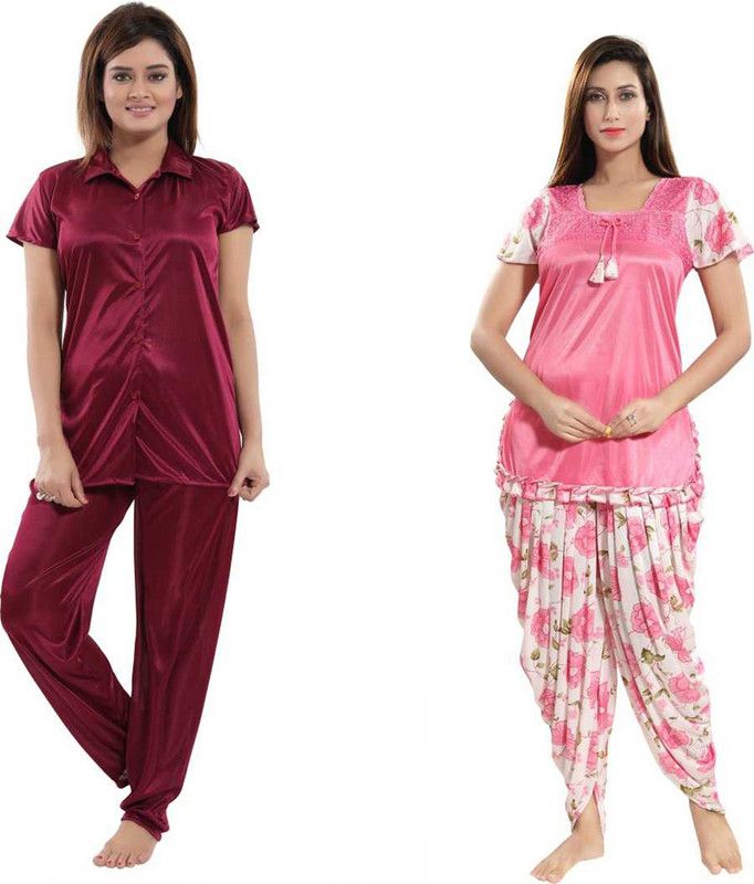 Women Top & Pyjama Set Pink, Maroon Solid, Printed