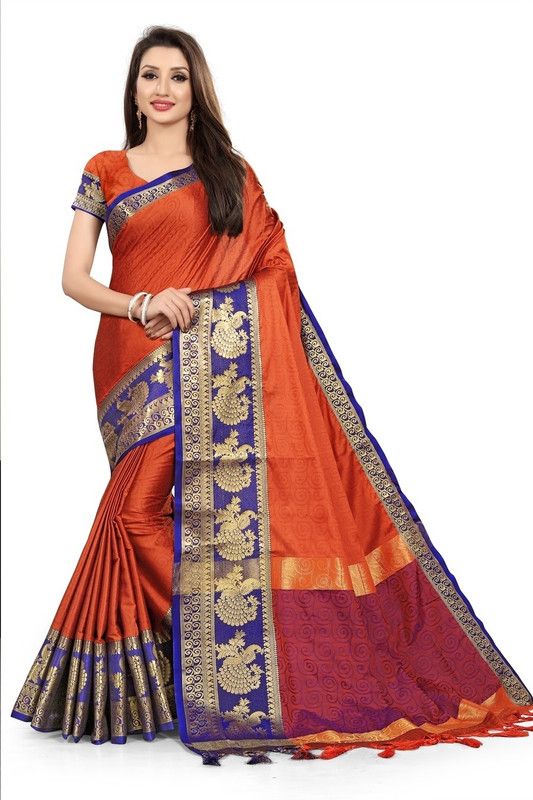 Woven Banarasi Silk Blend, Cotton Silk Saree  (Orange)