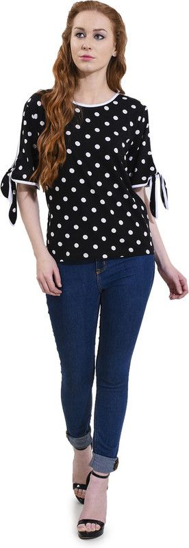 Casual Slit Sleeves Polka Print Women White, Black Top