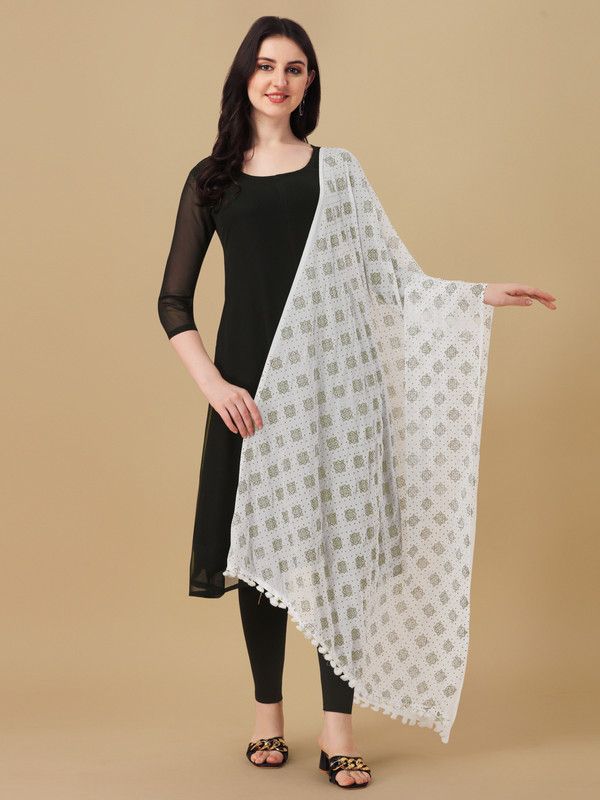 Chiffon, Cotton Blend Printed, Embellished, Geometric Print, Woven Light Green, White Women Dupatta