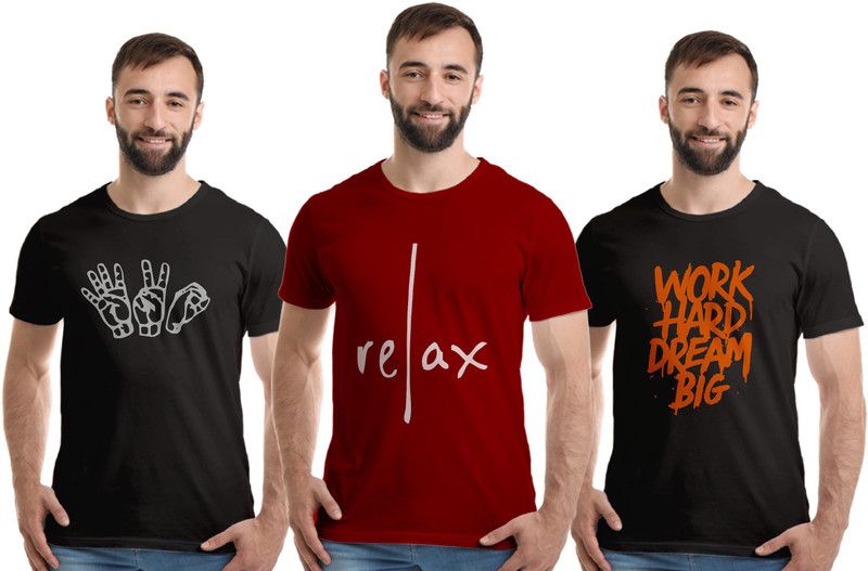 Pack of 3 Men Graphic Print Round Neck Pure Cotton Maroon, Black T-Shirt