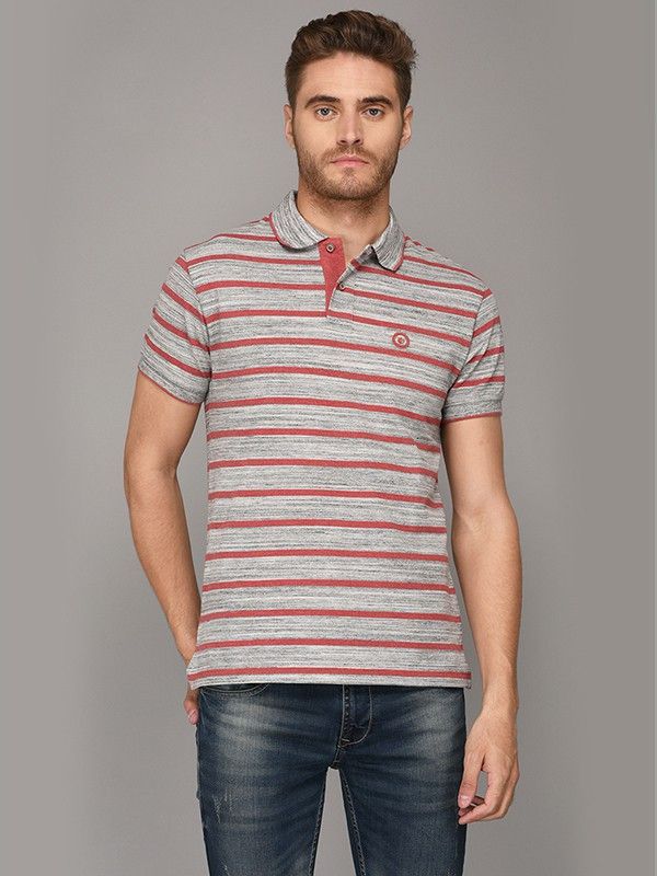 Men Striped Polo Neck Pure Cotton Red, Grey T-Shirt