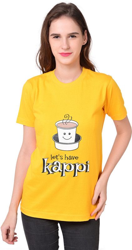 Lets Have Kappi Round Neck Women Printed Round Neck Pure Cotton Yellow T-Shirt