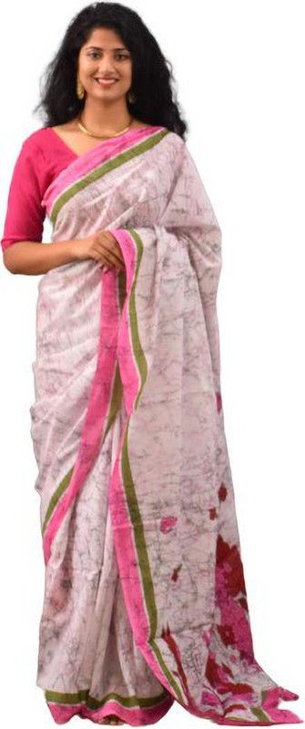 Floral Print Handloom Pure Cotton Saree  (White, Pink)