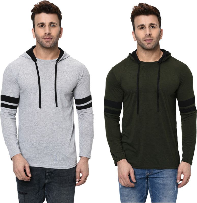Pack of 2 Hooded T-Shirt Men Striped Hooded Neck Cotton Blend Green, Grey T-Shirt