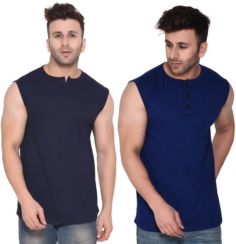 Pack of 2 Men Solid Henley Neck Cotton Blend Dark Blue T-Shirt