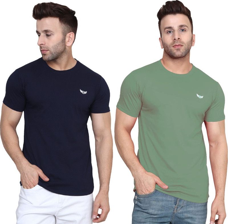 Pack of 2 Men Solid Round Neck Pure Cotton Dark Blue, Green T-Shirt