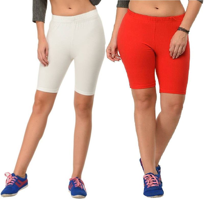 Pack of 2 Solid Women Reversible White, Red Cycling Shorts