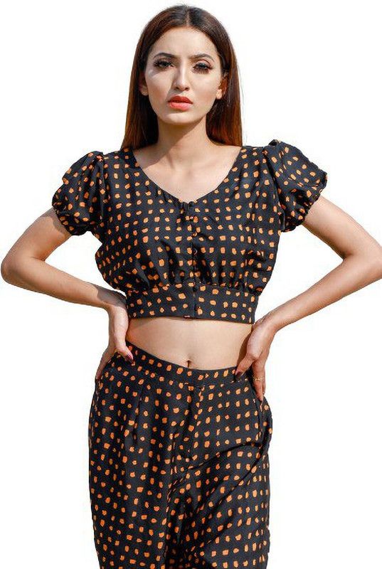 Casual Balloon Sleeve Printed Women Brown, Black Top