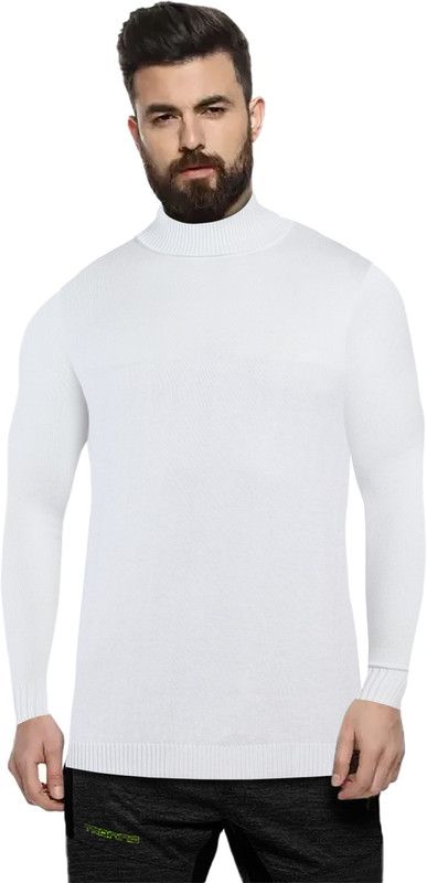 Men Woven High Neck White Sweater