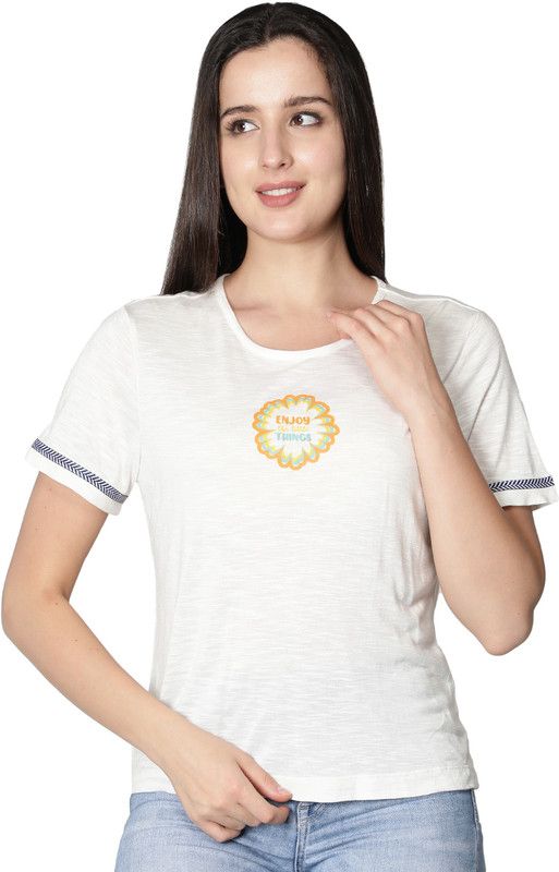 Rayon Slub Half Sleeves Printed White Color T-shirt Women Printed Round Neck Viscose Rayon White T-Shirt