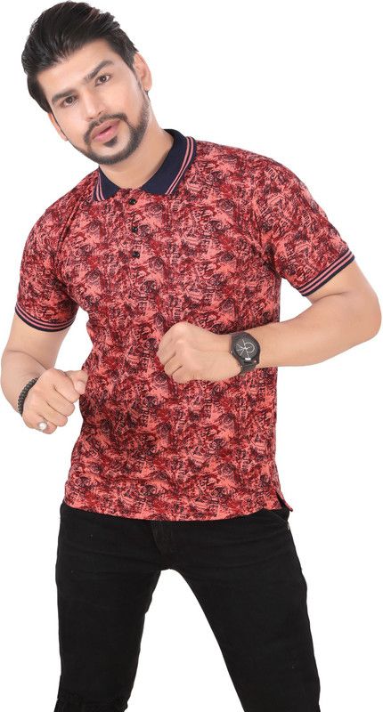 Men Printed Mandarin Collar Cotton Blend Maroon T-Shirt
