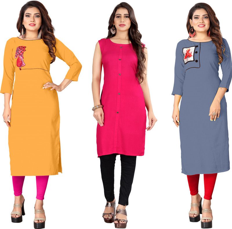 Pack of 3 Women Patchwork Viscose Rayon Straight Kurta  (Multicolor)