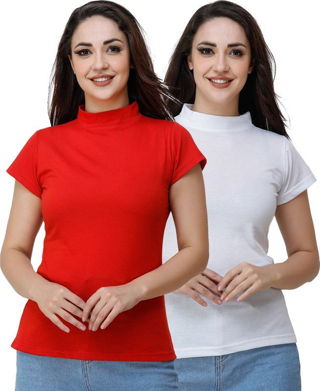 Pack of 2 Women Solid Turtle Neck Pure Cotton Red, White T-Shirt