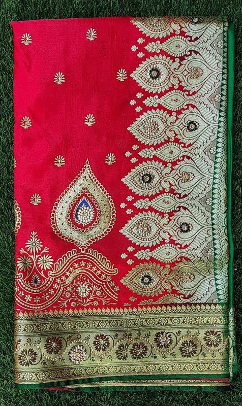 Embroidered Banarasi Satin Saree  (Green, Pink)