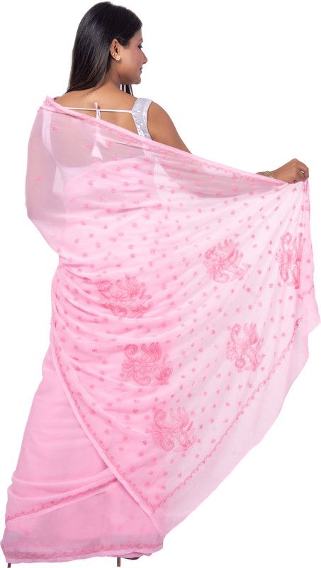 Embroidered Lucknow Chikankari Georgette Saree  (Pink)