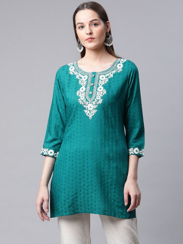 Women Embroidered Modal Straight Kurta  (Dark Green)