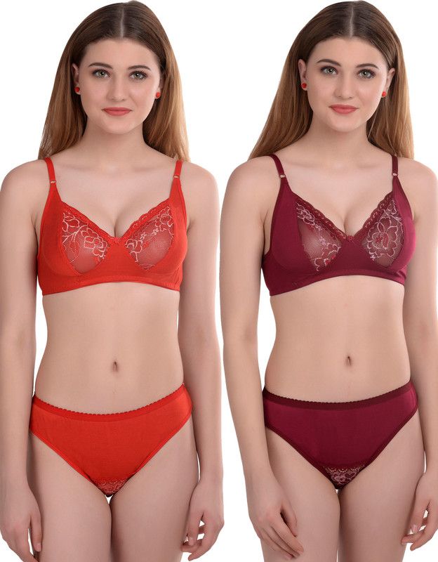 Bra & Panty Set Solid, Self Design Red, Maroon Lingerie Set