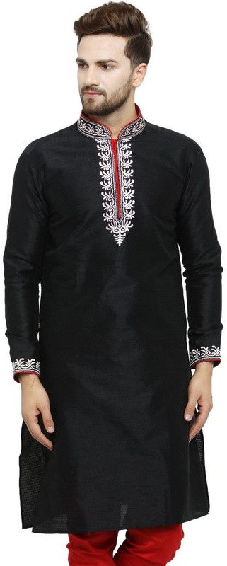 Men Embroidered Dupion Silk Straight Kurta  (Black)
