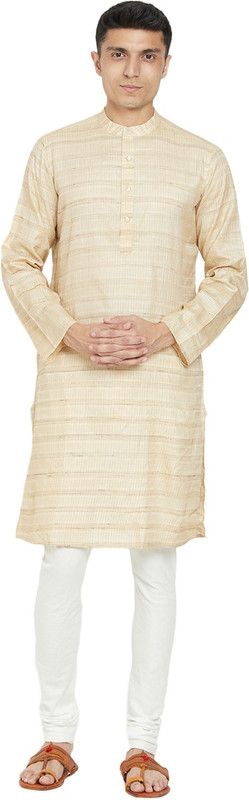 Men Checkered Silk Blend Straight Kurta  (White)