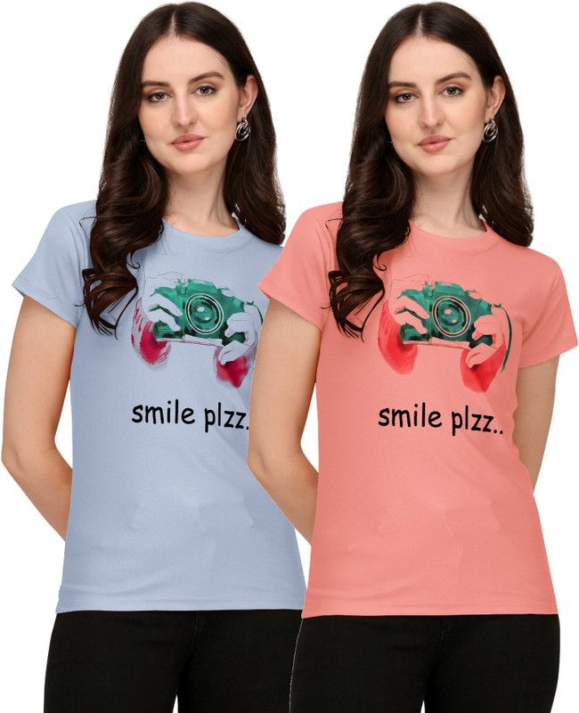 Pack of 2 Women Printed Round Neck Polyester Pink, Grey T-Shirt