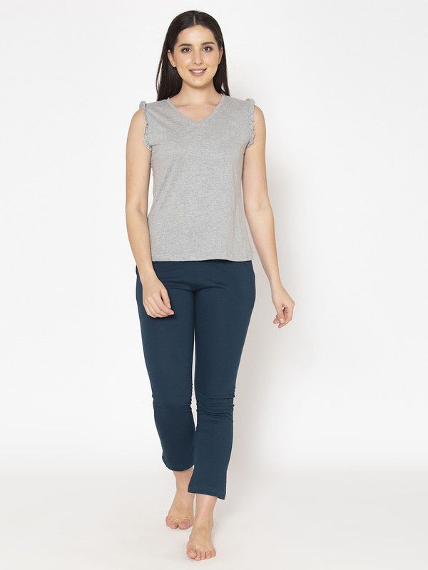 Women Top & Pyjama Set Grey, Blue Solid