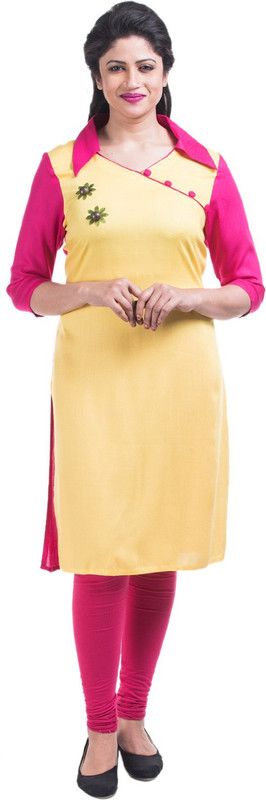 Women Solid Cotton Blend A-line Kurta  (Pink, Yellow)