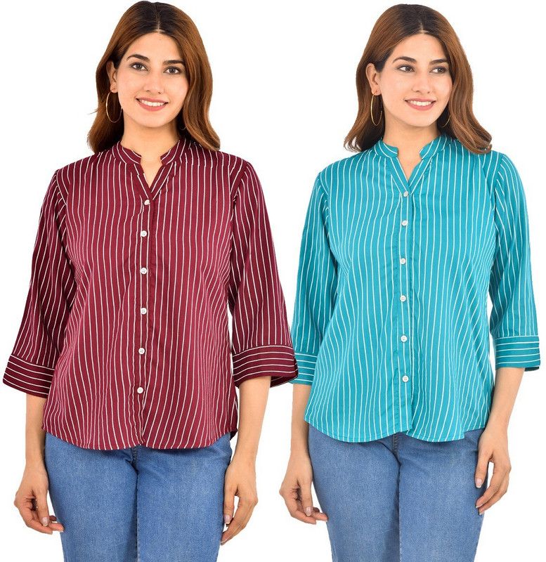Women Regular Fit Striped Mandarin Collar Casual Shirt  (Pack of 2)