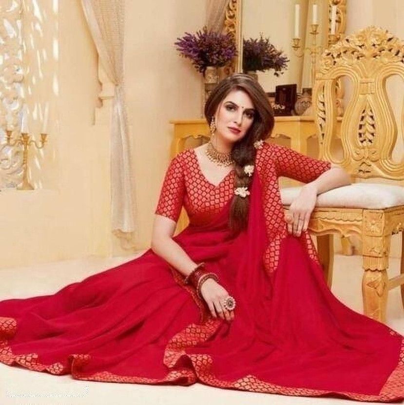 Printed Banarasi Net Saree  (Red)