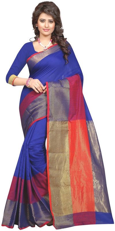 Self Design Kanjivaram Cotton Blend Saree  (Blue)