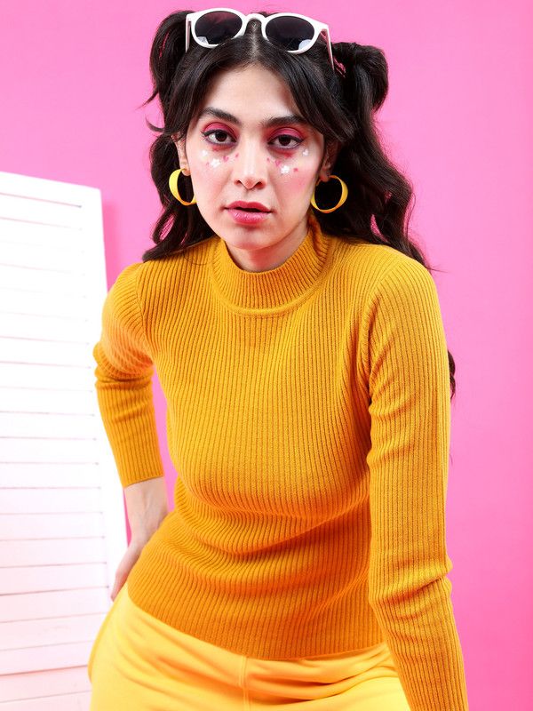 Women Solid High Neck Yellow Sweater
