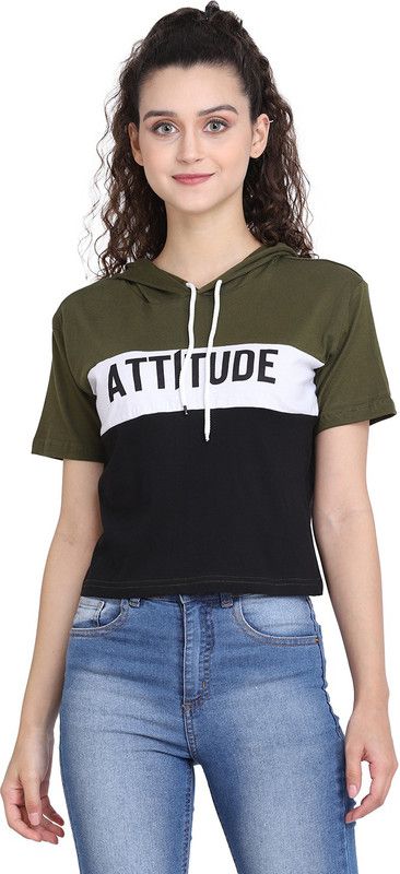 Women Printed Hooded Neck Cotton Blend Dark Green T-Shirt